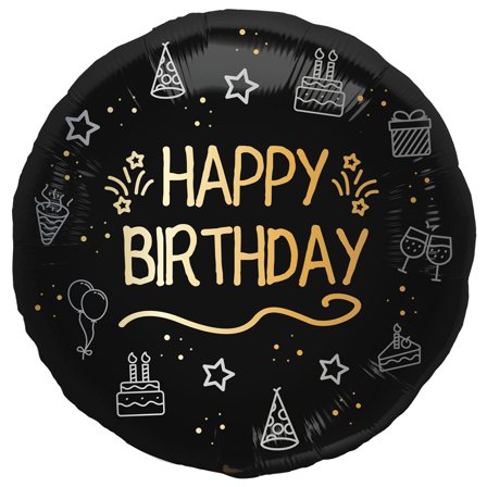 Pyöreä Happy Birthday Folioilmapallo Musta
