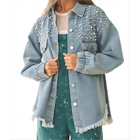 Dame Jeansjakke Broderede Perler Rå frynser Perlebesætning, 2023 Oversized Denimjakke Dame