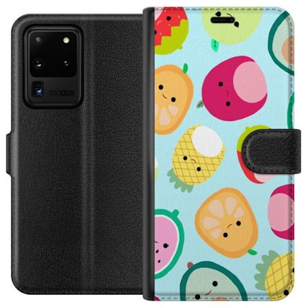 Kompatibelt Lommeboketui til Samsung Galaxy S20 Ultra Mønster av kawaii-frukter som jordbær sitron ananas og avocado på lyseblå bakgrunn