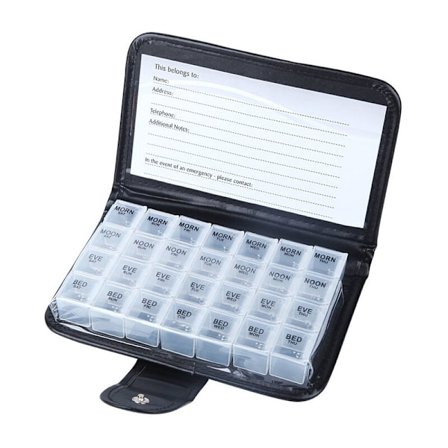 Ugentlig pilleæske med sort taske, 7 dages pilleæske med 28 rum til vitaminer, kosttilskud og medicin (hvid lædertaske)