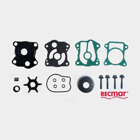 Recmar Impellersats för utombordsmotorer med packningar och bultar i gummi och rostfritt stål för effektiv kylning.