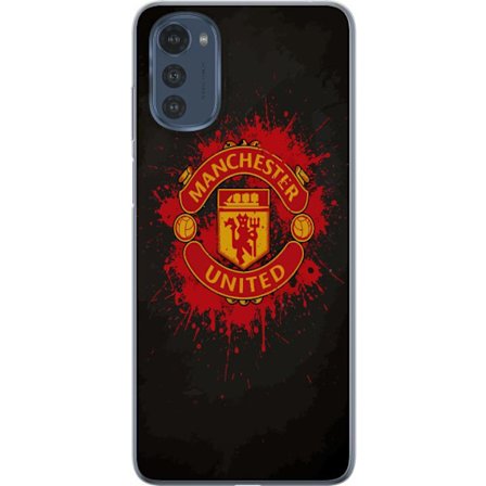 Kompatibelt Mobildeksel til Motorola Motorola Moto E32s Manchester United logo i rød og gul farge med røff sportslig bakgrunn