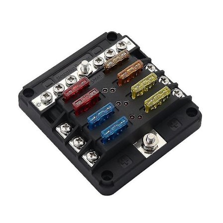 6-osainen sulakerasia, sulakelohkot litteille autosulakkeille, sulakepidike LED-merkkivalolla ja negatiivisella virtakiskolla 12V/24V autoille, 