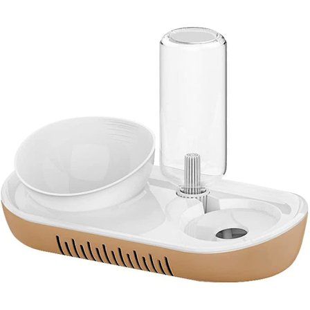 Kattmatskålar - 2-pack vatten- och matskål automatisk vattenbehållare med matskål katters matskål med upphöjd ställning (brun)