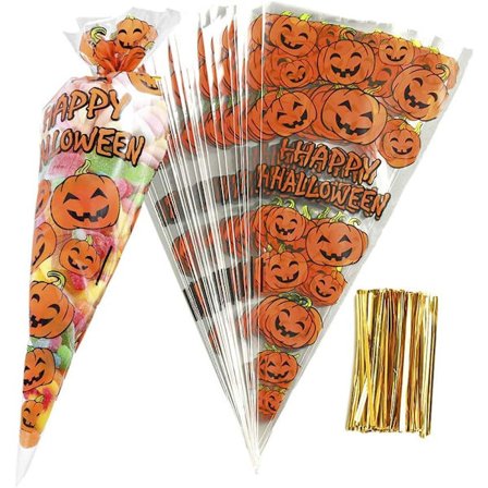 100 st Pumpor Konpåsar Halloween Klar Cellofan Godisväskor, Festpresentpåsar med Guld Twist Ties för Godis Kakor