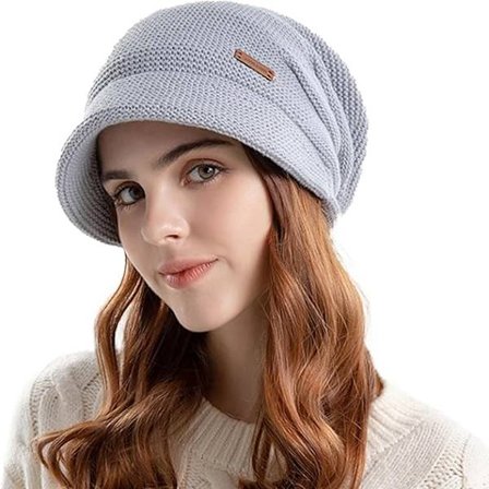 Dame Slouchy Strikket Lue Vinter Varmt Fleecefôret Beanie Lue Elastisk Hodeskallehette med Visirkant, Lys Grå