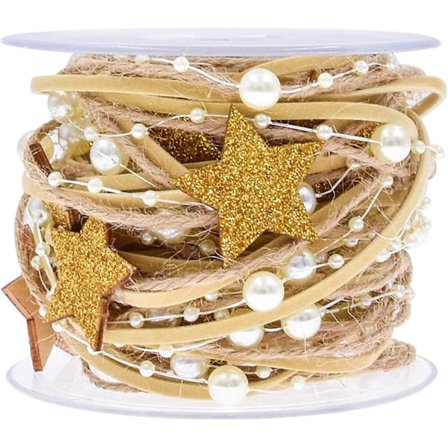5,5 meter Juleperlebånd, Perlesnor Gullstjerne Naturlig Jute Twine Bånd for Girlander, Krans, Gaveinnpakning, DIY Håndverk Ornamenter, Bryllup P
