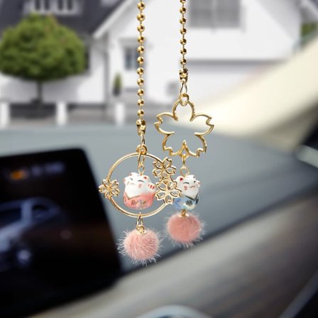 Par med Maneki Neko spegelhängande par lyckokatt med Sakura för bilinredning prydnad (Sakura & Katt)