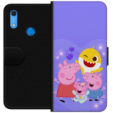 Kompatibel Tegnebogsetui til Huawei Y6s (2019) Peppa Gris mønster med hjerter, sommerfugle og venner, lyserød baggrund i bløde børneillustrationer