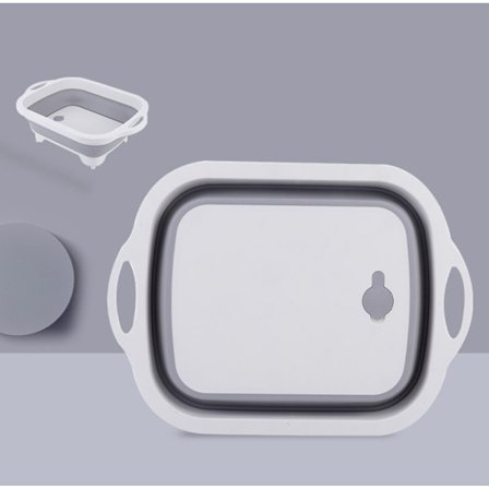 3-in-1 leikkuulauta, kokoontaitettava monitoimikulho, valutuskori, kannettava retkeilyastianpesukulho, säilytyskori, harmaa