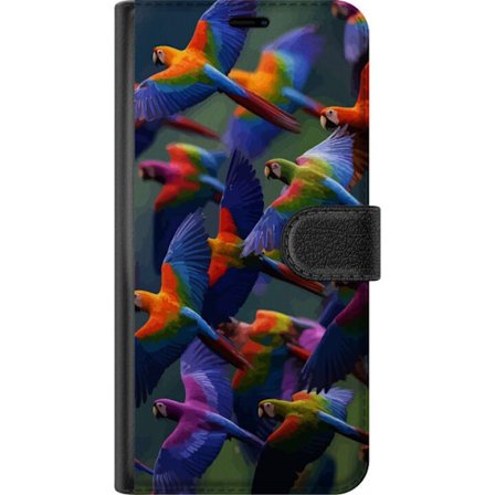 Kompatibelt Lommeboketui til OnePlus Nord 2T Fargeglade papegøyer i flykt mot mørk bakgrunn