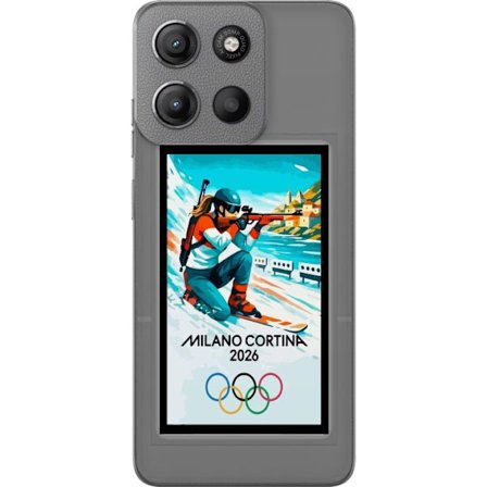 Yhteensopiva Puhelinkuori Motorola Moto G15 Power Retrojuliste Cortina Milano 2026 vuorilla, talviurheilijoilla, italiankoloreilla, Milanon tuomiokirk