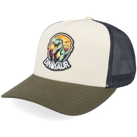 Kiddo Cap - Grön trucker Keps - Kids Dino Badge Ivory/Black/Dark Mash Trucker @ Hatstore