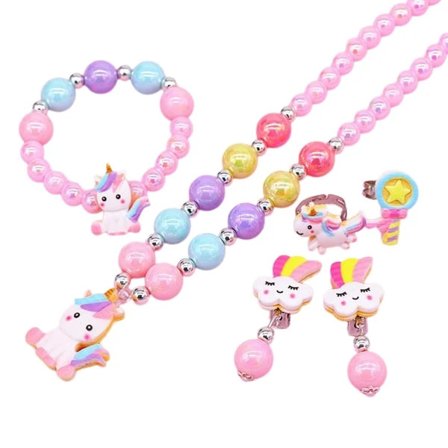 2 stk. Børnesmykkesæt, 6-dele Pigers Perlehalskæde Sæt Enhjørning, Inkluderer Halskæde, Ring, Armbånd, Øreringe, Enhjørning Festkjole Udklædning Præs.