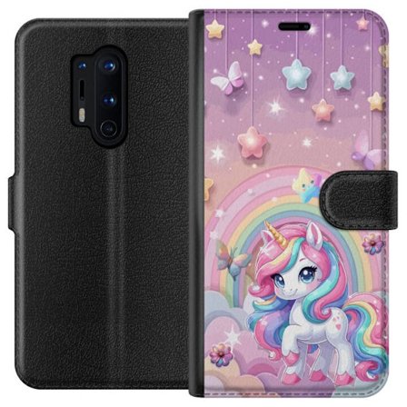 Kompatibelt Lommeboketui til OnePlus 8 Pro Magisk enhjørning med regnbue manke, stjerner og sommerfugler mot en pastellhimmel med skyer