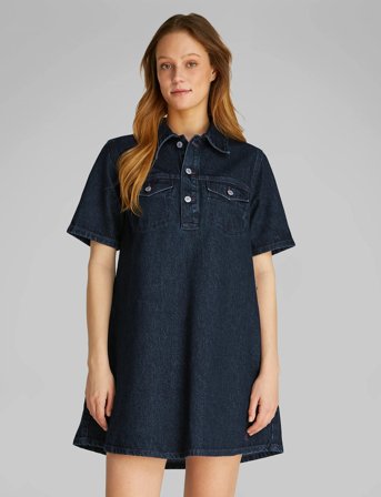 Calvin Klein Jeans Popover Denim Dress Dark Ck Blue - Blue - XS