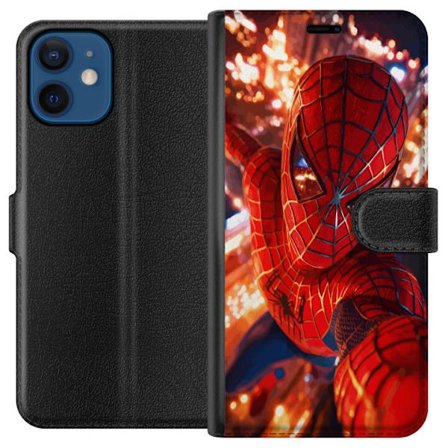 Kompatibel Tegnebogsetui til Apple iPhone 12 Spider Man i intens action med funklende lys og dynamisk perspektiv i filmisk superheltestil