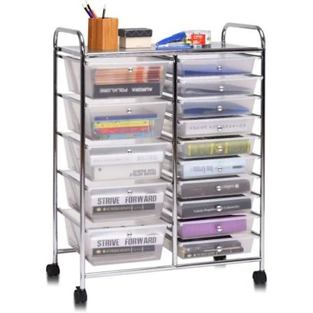 COSTWAY opbevaringstårn på hjul - 15 aftagelige skuffer, 63 x 37 x 87 CM, A4 og Letter-format i transparent farve