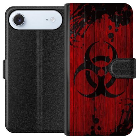 Kompatibelt Plånboksfodral till Apple Apple iPhone 17 Air Röd bakgrund med svart biohazard-symbol i sliten målad stil, industriell känsla med stä