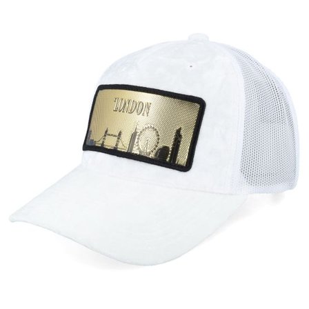 Calza Pennello - Vit trucker Keps - London Gold Patch Velvet White A-frame Trucker @ Hatstore