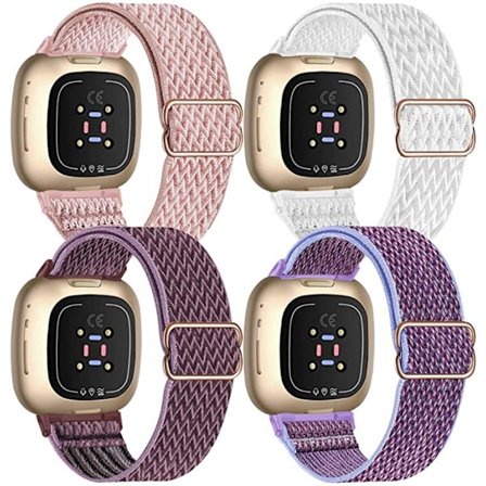 4-delt elastisk nylonrem kompatibel med Fitbit versa 3 / Fitbit sense, justerbar elastisk stoff sportsrem for smartklokke (Rosa/Hvit/Røykfarget)