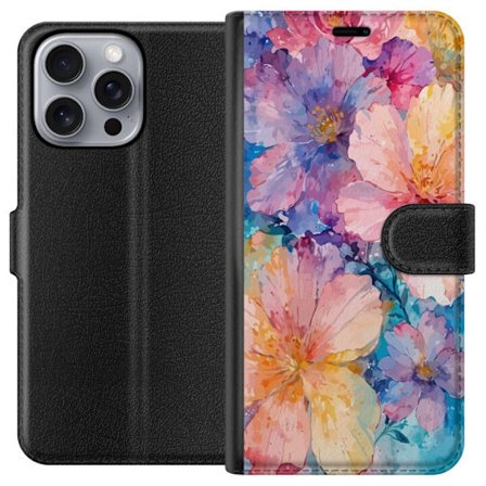Yhteensopiva Lompakkokotelo Apple Apple iPhone 16 Pro Max Vesivärimaalaus suurilla kukilla vaaleanpunaisissa, sinisissä ja keltaisissa sävyissä pe