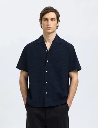 Selected Slhrelaxed-Ace Seersucker Ss Shirt - Navy - S