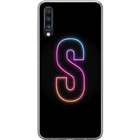 Kompatibelt Mobildeksel til Samsung Samsung Galaxy A70 Neonbokstav S i lysende rosa og blå toner mot mørk bakgrunn, stilig bokstavkunst med retrofut