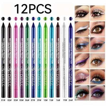 12 Vandfaste Eyelinere, med Glittereffekt, Øjenskygge, Eyeliner og Highlighter, Farveblanding