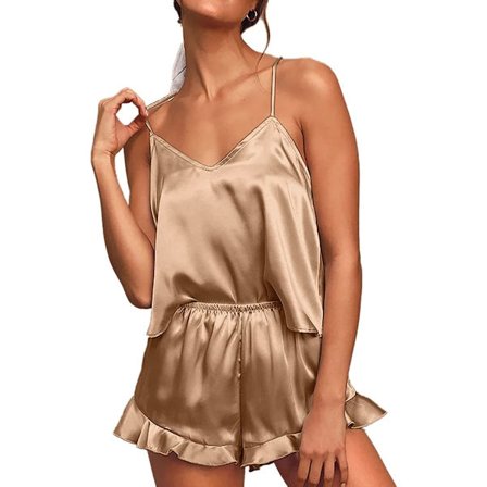 2025 Senaste Modell Dam Sexiga Siden Satin Volang Pyjamas Set Cami Shorts Set Sovkläder