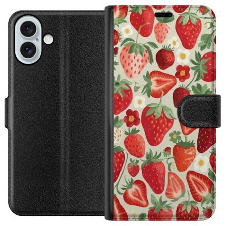 Kompatibel Tegnebogsetui til Apple iPhone 16 Plus Dekorativt mønster med røde jordbær, grønne blade og små blomster