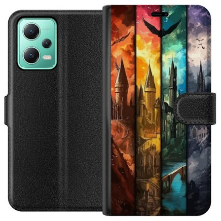 Kompatibel Tegnebogsetui til Xiaomi Xiaomi Redmi Note 12 Fire magiske slotte i forskellige elementfarver, episk fantasykunst med ild vand luft og mør