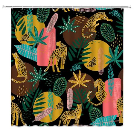 Boho Gepardi Suihkuverho, Trooppinen Leopardi Villieläin Kylpyverho, Moderni Pinkki Esteettinen Kylpyhuoneen Verho Kuun Vaihe Sininen Kukka, 200x180cm