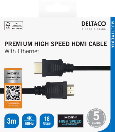 Deltaco Premium High Speed HDMI cable, 4K UHD, 3m, black