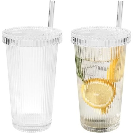 2 stk. Tumblere med låg og sugerør 380ML Glas Tumblere med låg og sugerør Genanvendelige glaskrus, Rejsekrus (Transparent)