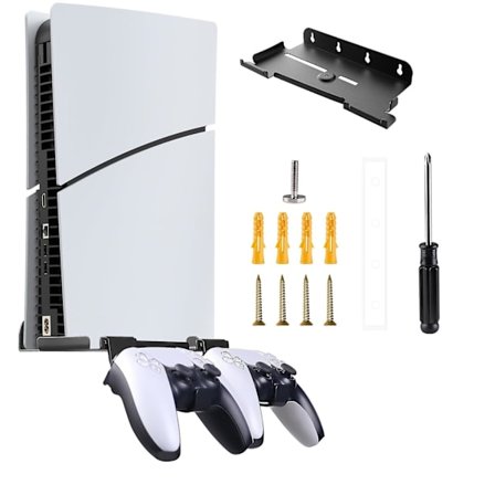 Ps5 Slim seinäteline, tukeva teräksinen Ps5 Slim seinäteline Ps5 Slim Disc- ja Digital Edition -konsoleille, jossa 2 irrotettavaa ohjaimen pidikettä