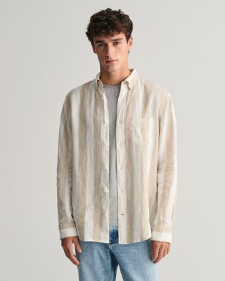 GANT - Linskjorte med tykke striper i regular fit til herre concrete beige