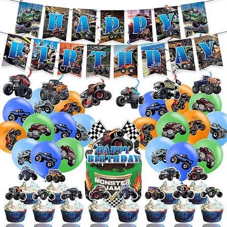 Monster Truck -syntymäpäiväjuhlat Monster Truck Monstercar -ripustuslippu Ilmapallo Kakku Virtapistoke Juhlatarvikkeet