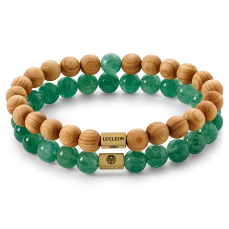 Conjunto de pulsera de madera y cristal de fresa verde para hombres - Pulseras de perlas