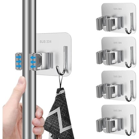 4-pack mopp- och kvasthållare, väggmonterad mopphållare utan borrning med krok, mopp- och kvastorganisatör för badrum, kontor, kök, garderob, garage (