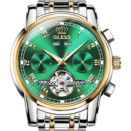 Automatisk mekanisk herrklocka, dag, datum, månad och år automatisk herrklocka, fashionabel klocka i rostfritt stål i grönt, blått och svart