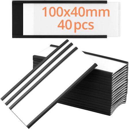 40 stk. Magnetiske Etiketholdere 40 x 100 mm med Papirindsats og Beskyttelsesfilm, til Mærkning af Metalhylder