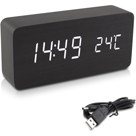 Træ LED Vækkeur - Træ Look Digital Ur - Touchscreen Morgen Vækkeur med Dato Tid Temperatur Funktion - Sort Rektangel og Hvid LE