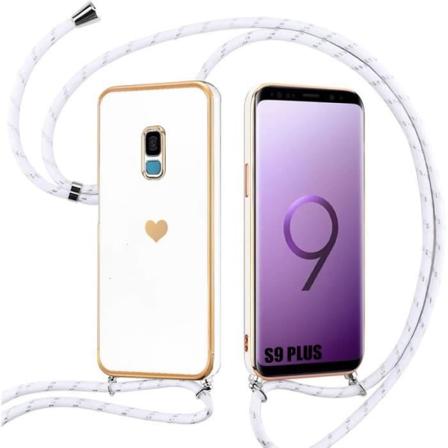 Etui til Samsung Galaxy S9+ (S9 Plus) Hvid blød TPU stødsikker hjertemønster anti-ridse med justerbar snor