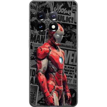 OnePlus 11R Gennemsigtig cover Iron Man heltekunst i tegneseriestil, rød metal rustning mod grå baggrund, kraftfuldt og moderne motiv