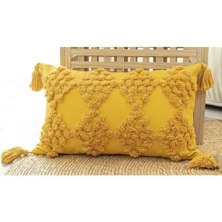 IC Boho Diamantmönster Tuftad Kuddfodral med Fransar Accent Bomull Örngott Marocko Tribal Rektangel Case (Gul, 12"x20")