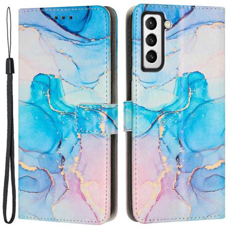 Telefondeksel med marmormønster for Samsung Galaxy S23, sammenleggbart PU-skinnstativ Flip lommebokveske med stropp Pink Green