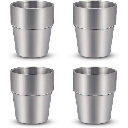 Sæt af 4 Dobbeltvæggede Isolerende Metal Kopper i Rustfrit Stål 175 Ml \ 300 Ml Gave
