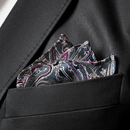 Pochette de costume en soie à motif cachemire bleu foncé et vert foncé pour hommes - Pochettes de costume à motifs