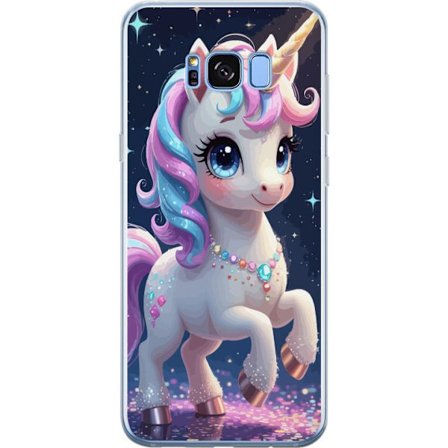Yhteensopiva Puhelinkuori Samsung Galaxy S8+ Söpö yksisarvinen, jossa on suuret silmät, pastellivärinen harja ja säihkyvät korut satumaisessa yömaisem